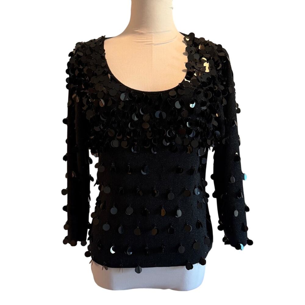 Vintage Joseph A Black Silk Sequin Top Medium Holiday Party Disco Glam Old Money